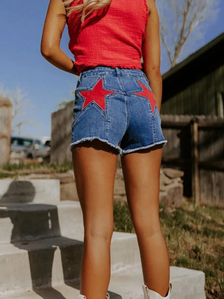 

Ретро-джинсы с принтом в виде звезд, высокого качества, сексуальные, элегантные, женские, летние, новые, со средней посадкой, прямые шорты