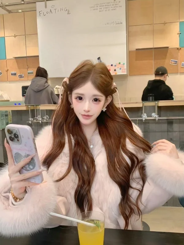 Warme wollen jas met roze bontkraag en rok met hoge taille, tweedelige set Zachte Sle Herfst Winter Faion voor dames