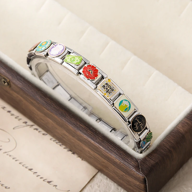 Hapiship 2025 Women Romantic Flower Best Buddies Dollar Italian Charms Fit 9mm Stainless Steel Bracelet Wholesale Jewelry DJ1363