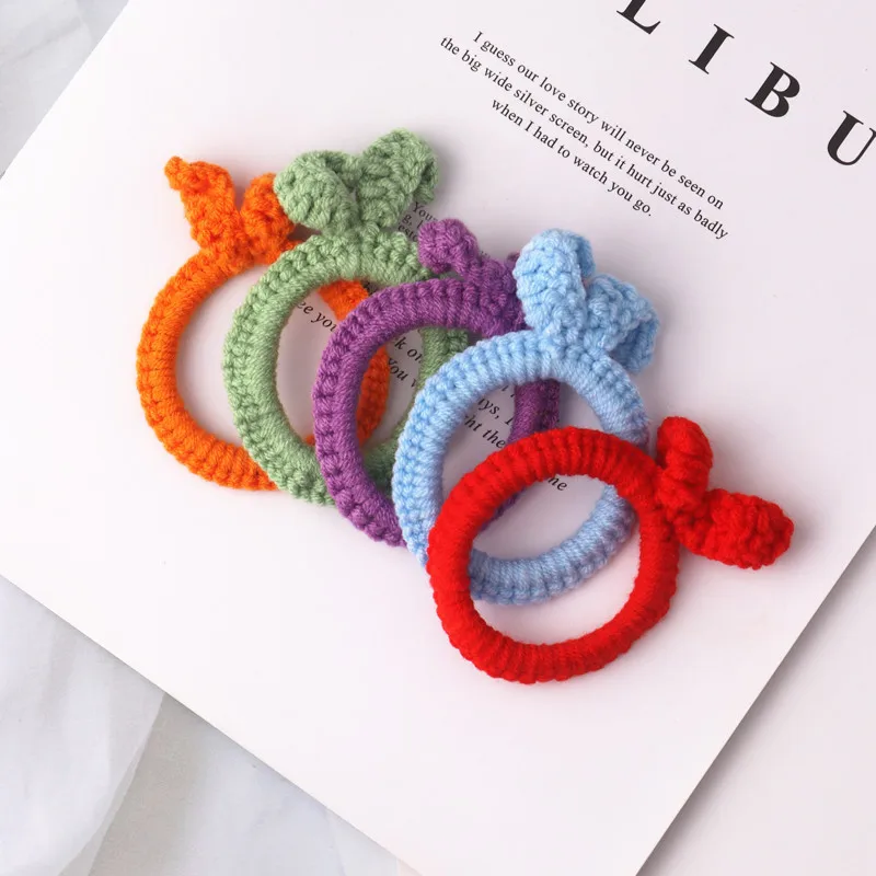 Korean Knitted Hair Rope Candy Color Girl Rubber Band Simple Cute Hair Rope Rabbit Ears Print Hair Accessories