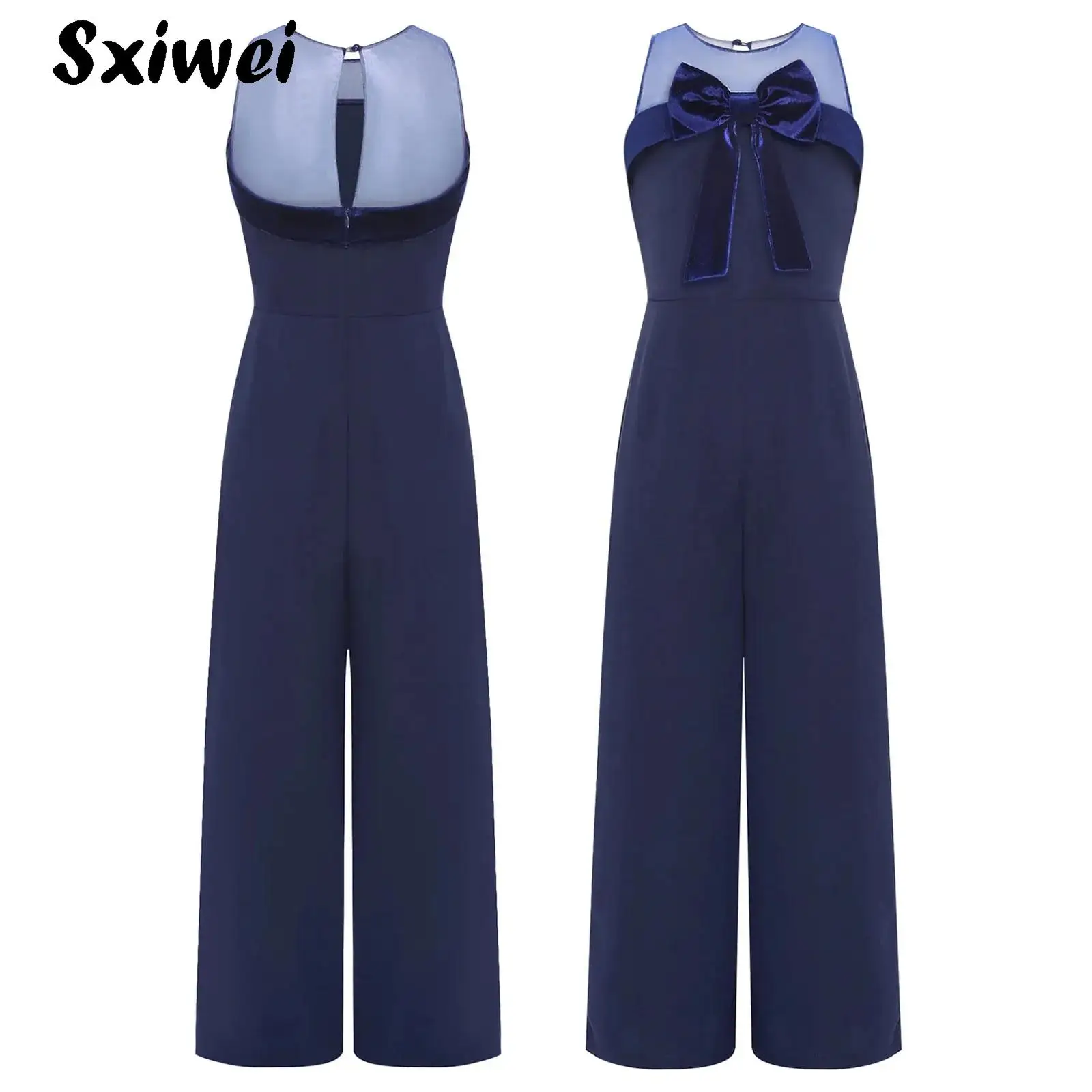 

Elegant Party Kids Girls Rompers Evening Wedding Birthday Bodysuit Mesh Sleeveless Big Bowknot Wide Leg Pants Jumpsuit Playsuit