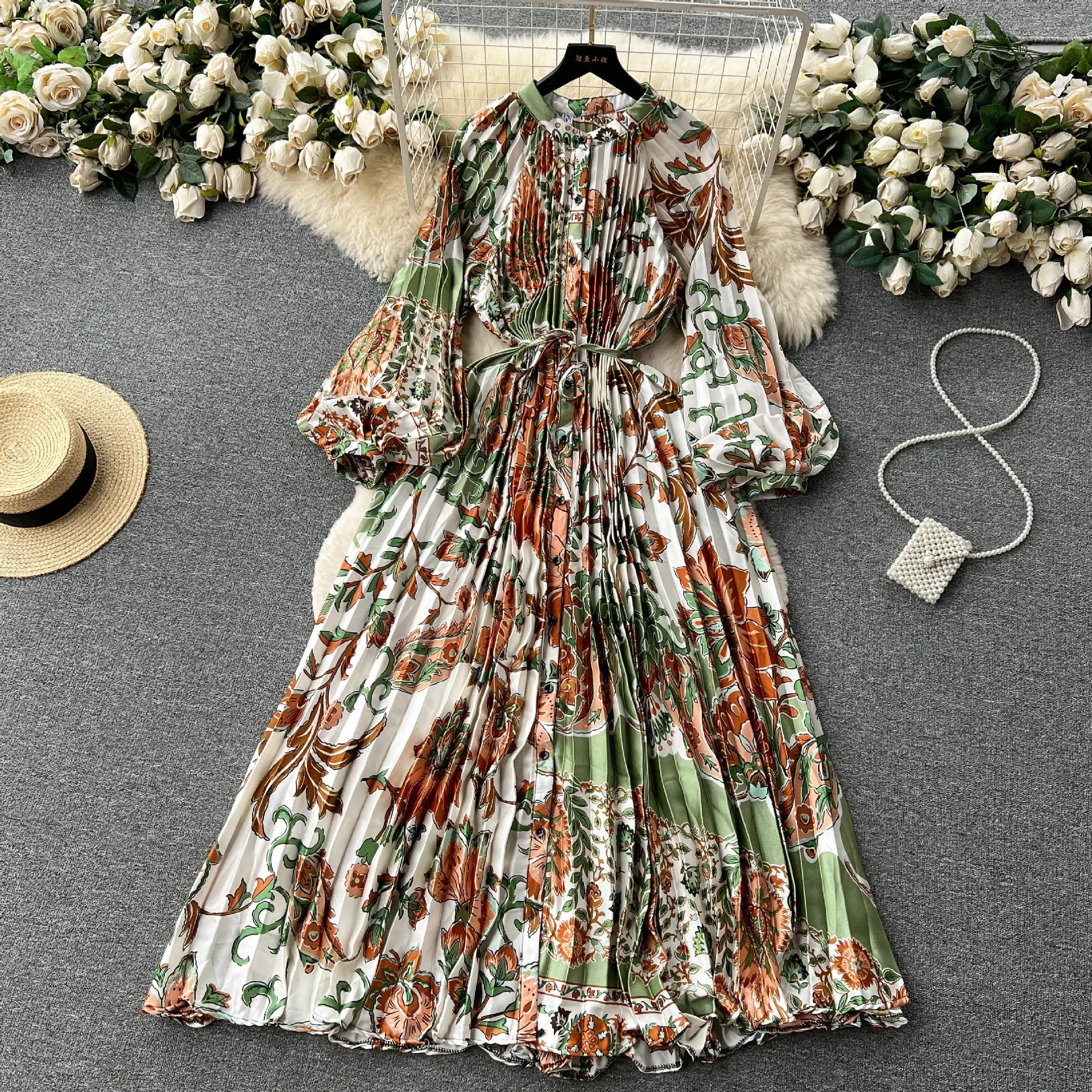 Women Print Long Dress Single Breasted Lantern Full Sleeve Round Neck A Line Dresses High Waist Folds Skirts Ladies Autumn