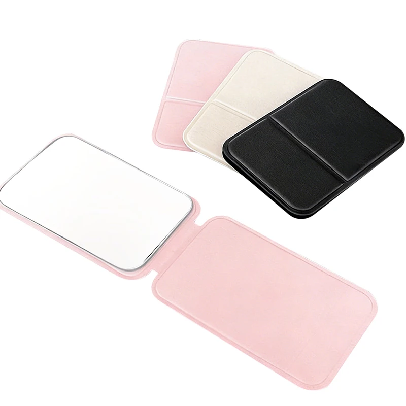 Foldable Makeup Mirror Simple Portable Handheld & Desktop Dual-Use Student Cute Pocket Mirror PU Leather Solid Color