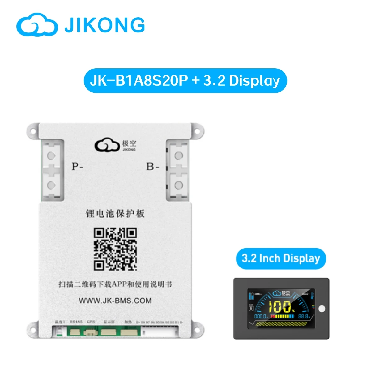 

JIKONG Smart BMS JK-B1A8S20P+3.2inch LCD Display 4S-8S Lifepo4 Li-Ion Lto Battery 12V/24V Current 1A Active Balanced BMS 200A