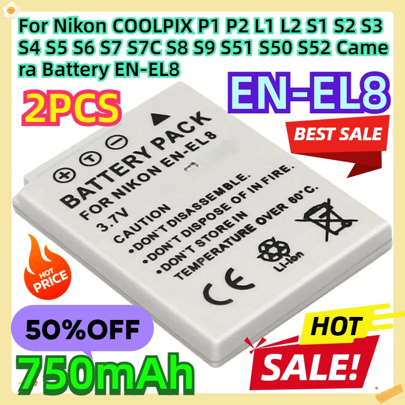 For Nikon COOLPIX P1 P2 L1 L2 S1 S2 S3 S4 S5 S6 S7 S7C S8 S9 S51 S50 S52 750mah Camera Battery EN-EL8 2pcs