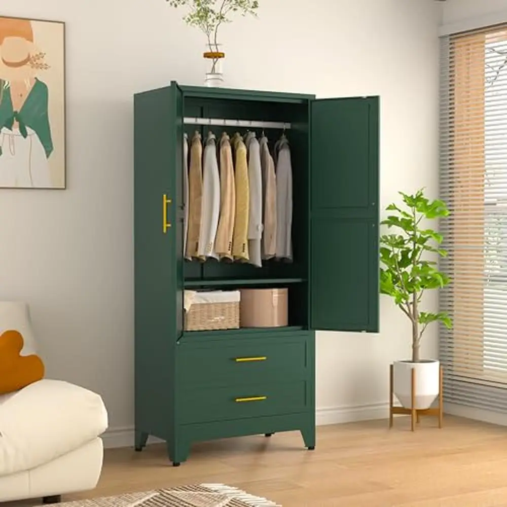 Adjustable Metal Armoire Wardrobe Closet Drawers Shelves Clothes Drying Pole Cabinet Green Storage