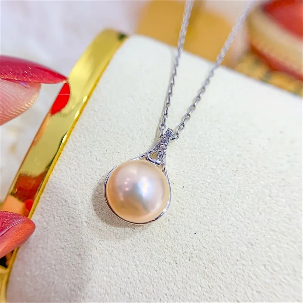 DIY Pearl Accessories S925 Sterling Silver Pendant with Empty Support Fashion Jade Necklace Pendant Fit 8-10mm Round Flat Beads