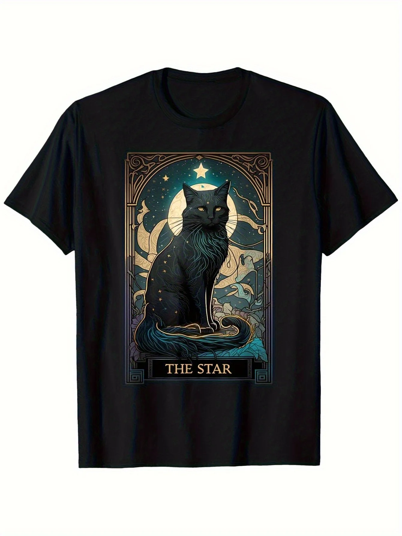 Mystical for Cat Graphic T-Shirt for Cat Lovers Unisex Black Tee XIII The Hierophant for Cat Design Starry Night Geometric