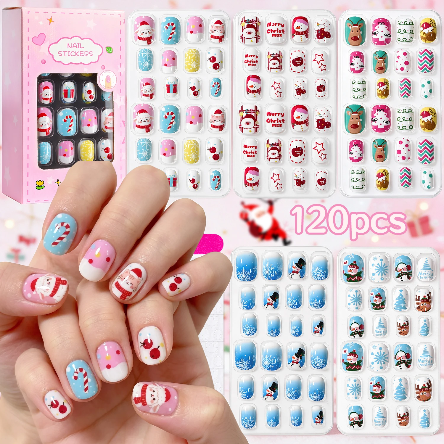 120Pcs Full Cover Press On Nails Christmas Themed Fake Nails Santa & Winter Element False Nail Set For Girl Christmas Daily Wear