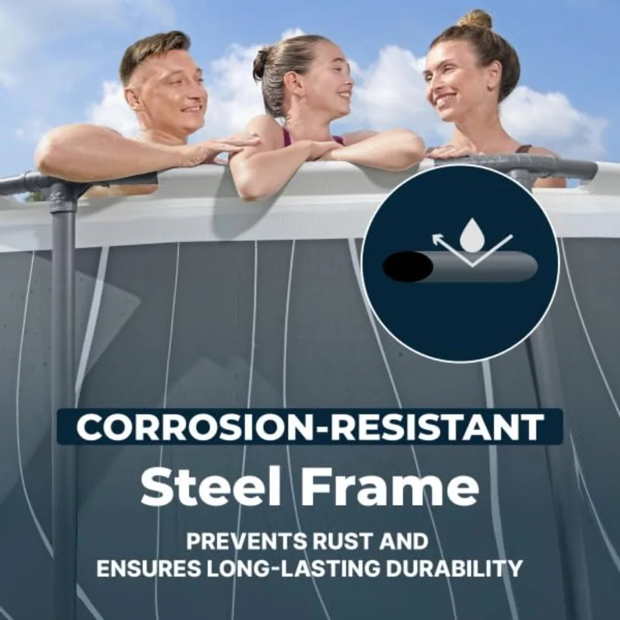 15' x 42" Above Ground Pool, Round Metal Frame Outdoor Swimming Pool Set with LED Light, Filter Pump, Ladder, & Cover, Dark Gray - view 6