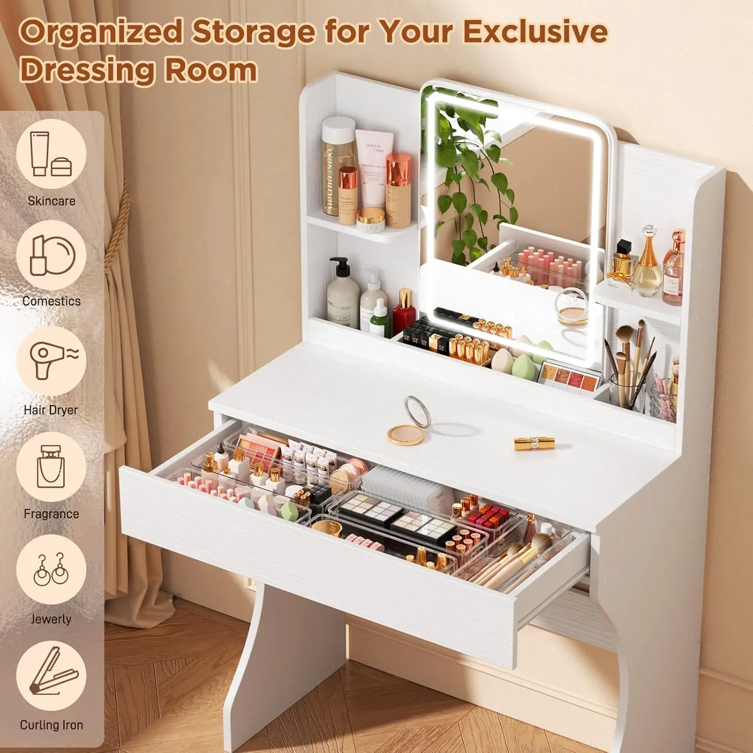 White Small Makeup Vanity Desk with Mirror, Lights, Storage Drawer, 2 Shelves and 3 Compartments for Bedroom view 3