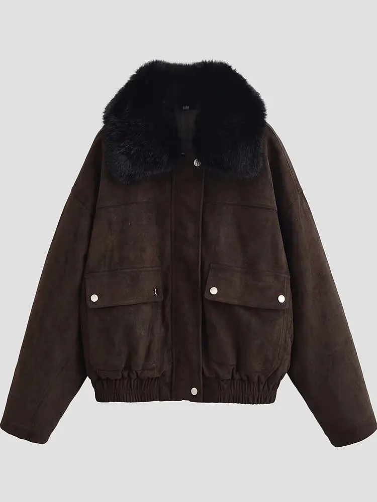 冬の新作ルーズカラー人工毛皮風パイロットコットンジャケットレディースカジュアルスリーブロングスリーブ暖かいアウターコート