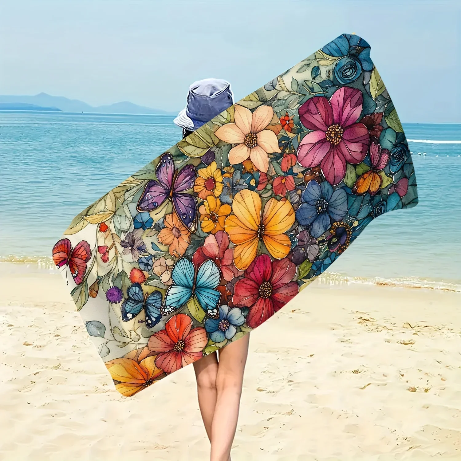 Custom Flower Butterfly Beach Towel Colorful Floral Print Microfiber Sand Free Quick Dry Soft Travel Pool Gift