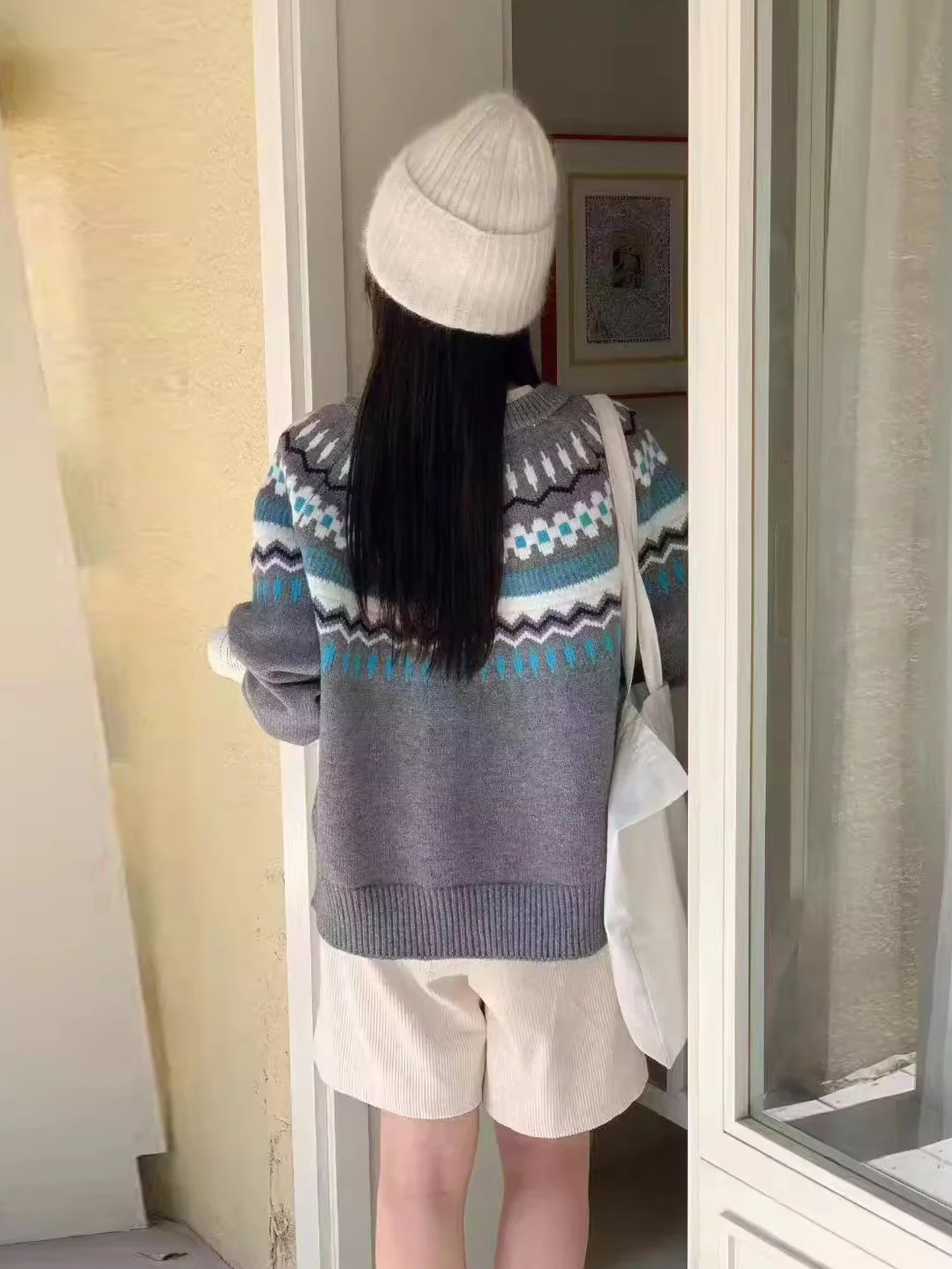 Nordic Sle Fair Isle Farbe Blo Stricken Pullover Mantel frauen Lose Weiche Winter Neue Ankunft Lange Sve runde Ne Zipper verschluss