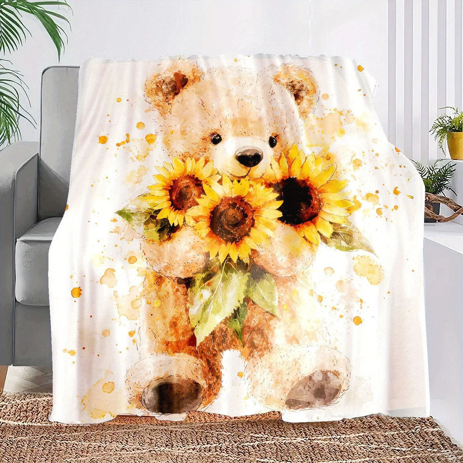 A Small Bear Printed Flannel Blanket, Versatile Outdoor Beach Camping Living Room Sofa Pet Office Throw Blanket