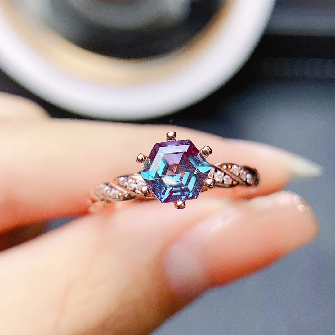 

Hexagon Alexandrite Ring 925 Silver Alexandrite Engagement Ring Women Bridal CZ Band Silver Alexandrite Promise Ring