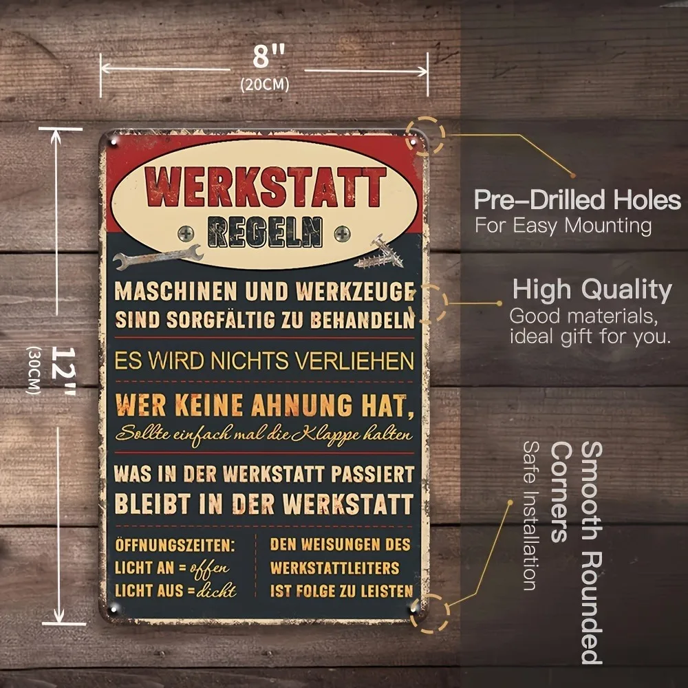 German Werkstatt Regeln Vintage Metal Workshop Sign Waterproof Distressed Red Black Iron Wall Art 30.48x20.32cm Decor Gift For G view 2