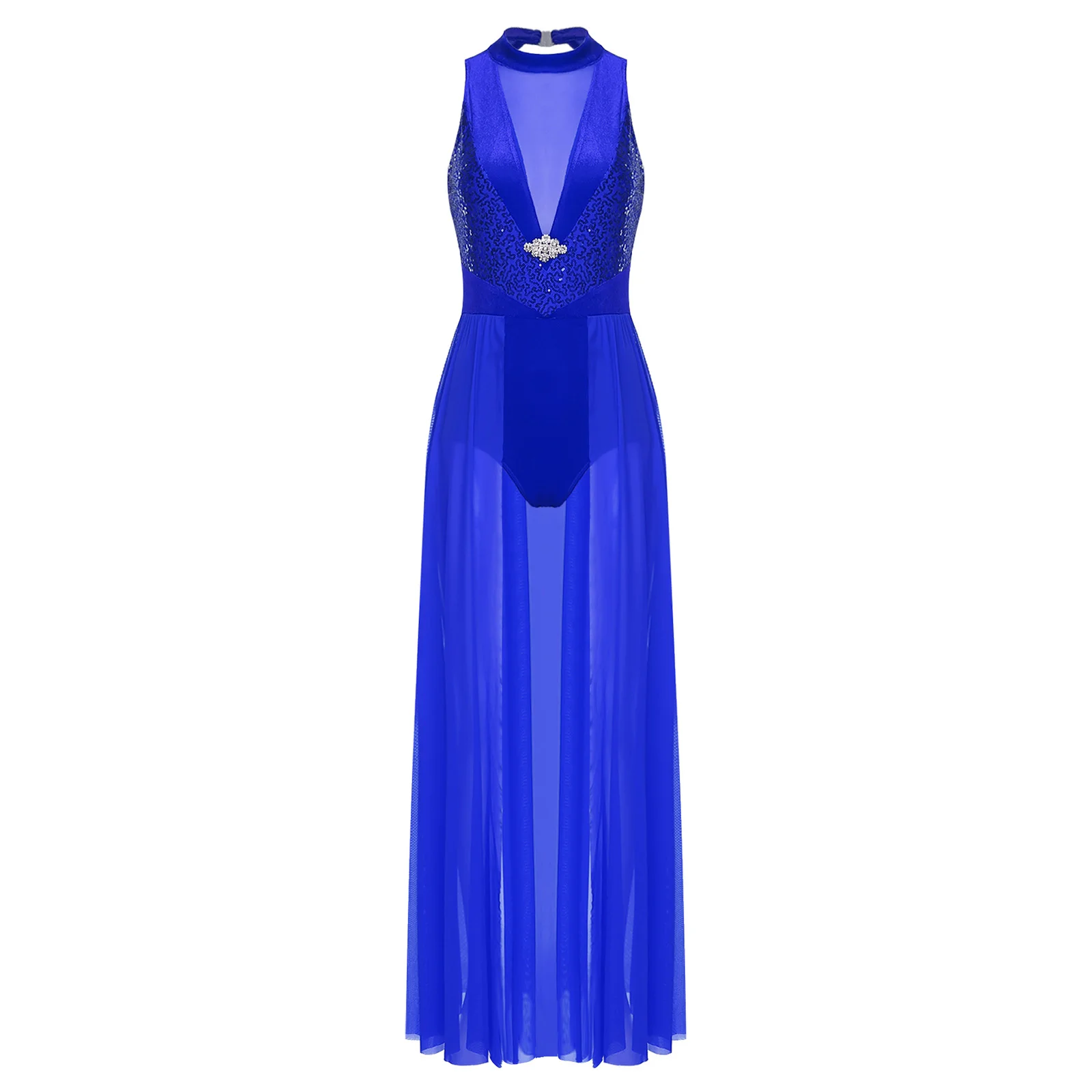 

Adult Women Lyrical Dance Dress Modern Contemporary Dance Costume Sequins Patchwork Halter Sleeveless Long Flowy Maxi Dress