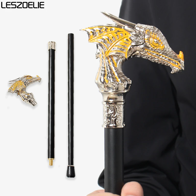 Bastón con cabeza de dragón plateado brillante de lujo de 92cm con amarillo para hombres y mujeres, bastón decorativo Vintage a la moda para fiesta y Cosplay