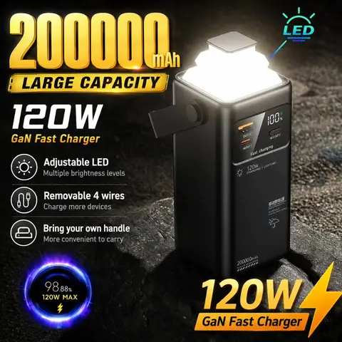 2027 New 120W Fast Charging Power Bank 200000mAh 4 in1 Cable for IPhone Huawei Samsung  Outdoor Camping Portable with Flashlight