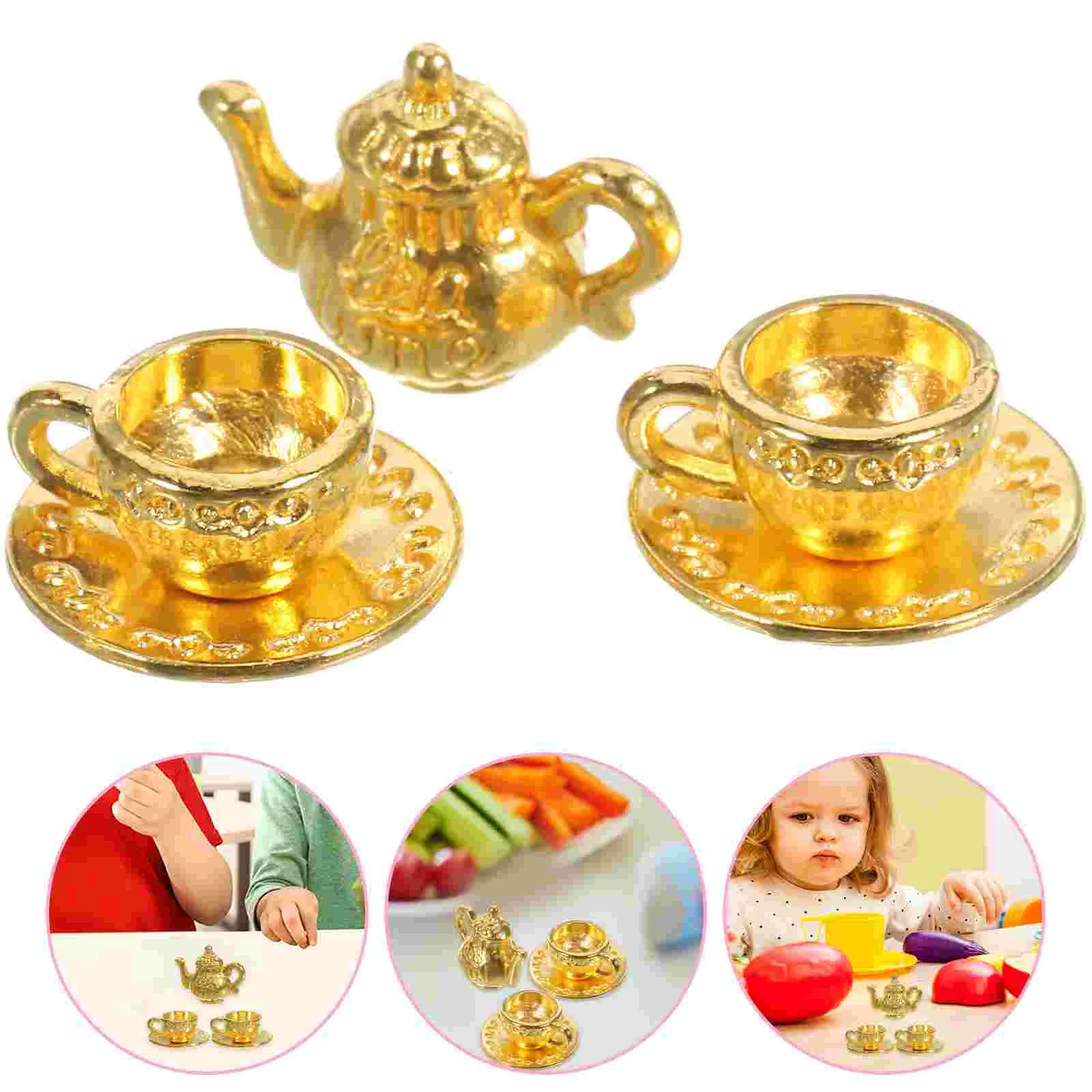 

Mini Metal Teapot Set 3pcs Golden Miniature Kitchen Decor Simulated Brass Tea Kettle Desktop nament Elegant Zinc Alloy