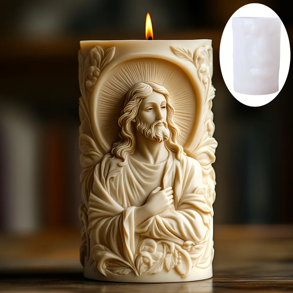 Prayer Jesus Relief Cylinder Candle Silicone Mold Flower Jesus Statue Relief Resin Mould Jesus Sculpture Concrete Gypsum Molds