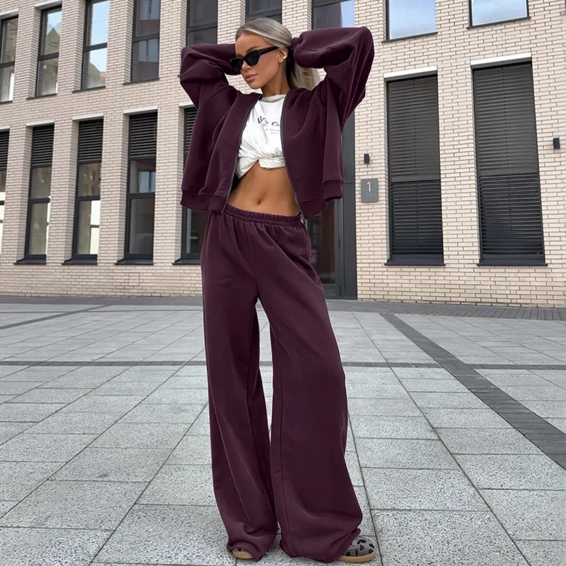 

Purple Autumn Women's 2 Piece Outfit Patchwork Zipper Pockets Hooded Female's Sports Coat Elastic Waist Wide Leg Pants For Lady