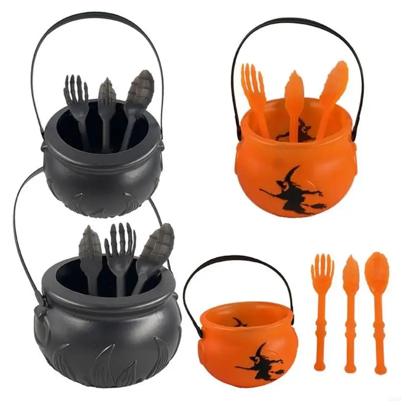 Conjunto talheres e balde doces para halloween, recipiente plástico para tratamento bruxa com alça para decoração