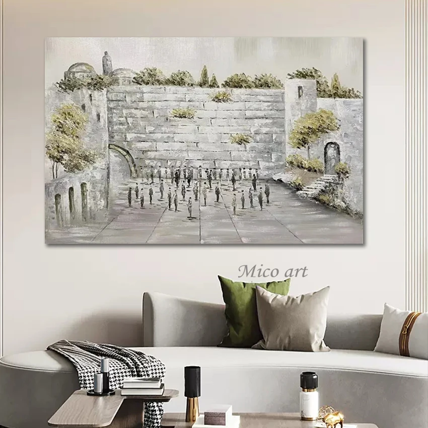 رسمت باليد لوحة زيتية جدار القدس الغربية ، تصميم بسيط قماش الفن ، ديكور كبير الحجم اللوحة اليهودية جدار الفن #4