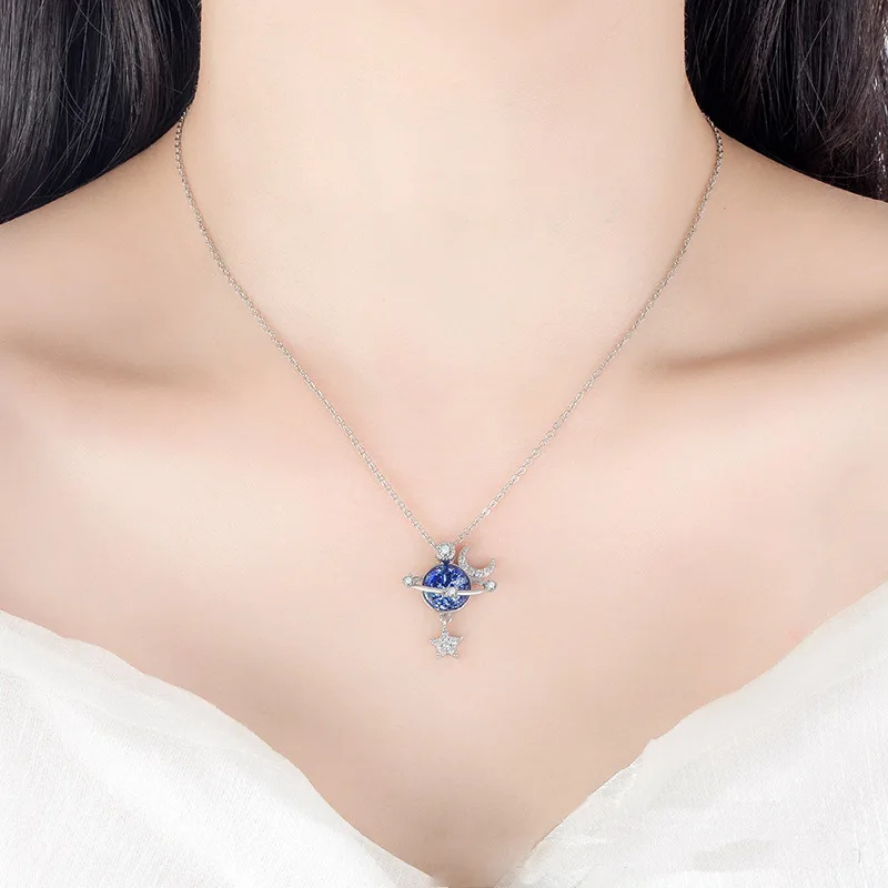 Trendy Moon Star Planet Pendant Necklace for Women Silver Color Zircon Butterfly Flower Heart Choker Clavicle Chain Jewelry Gift