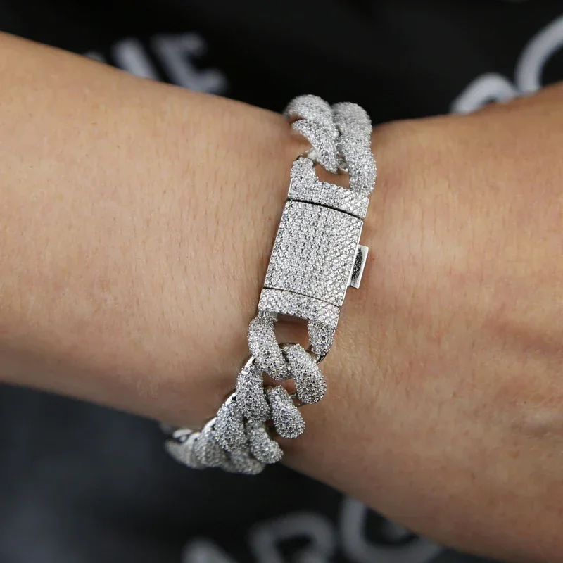 2025 High Quality Iced Out Bling 15mm Width Round Full Paved Cuban Link Chain Bracelet Necklace Hip Hop Men Jewelry