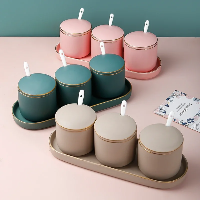 Spice Jar Combination Salt Shaker Ceramics Home Kitchen Seasoning Box Three-piece Suit Nordic Storage Seasoning Container