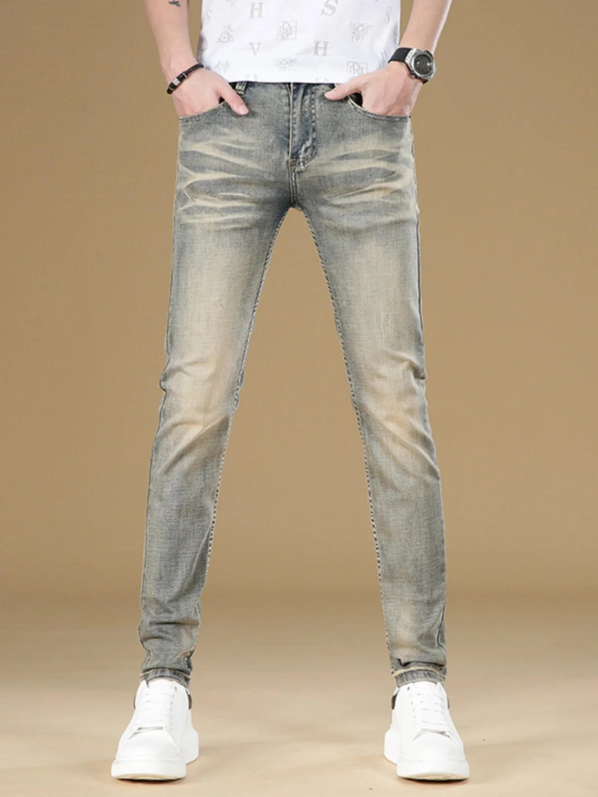 

Джинсы с талией в стиле ретро, мужские модные облегающие повседневные эластичные длинные брюки, осенние молодежные джинсы, хлопковая эластичная ткань с водной талией