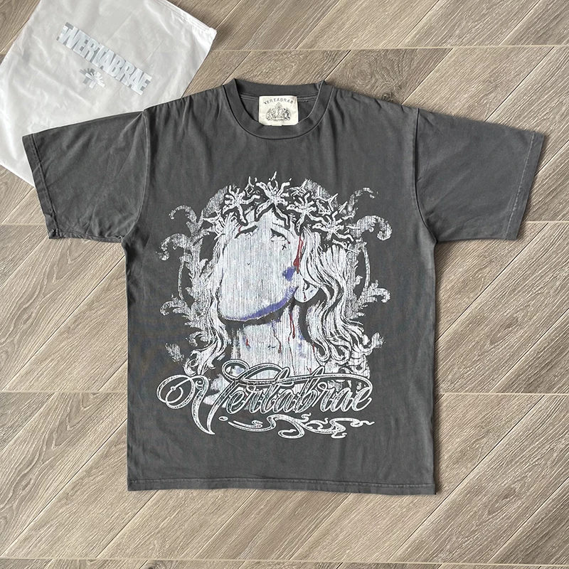 

25SS винтажная футболка Vertabrae, уличная одежда, повседневные топы большого размера, свободная футболка с короткими рукавами и графическим принтом для мужчин