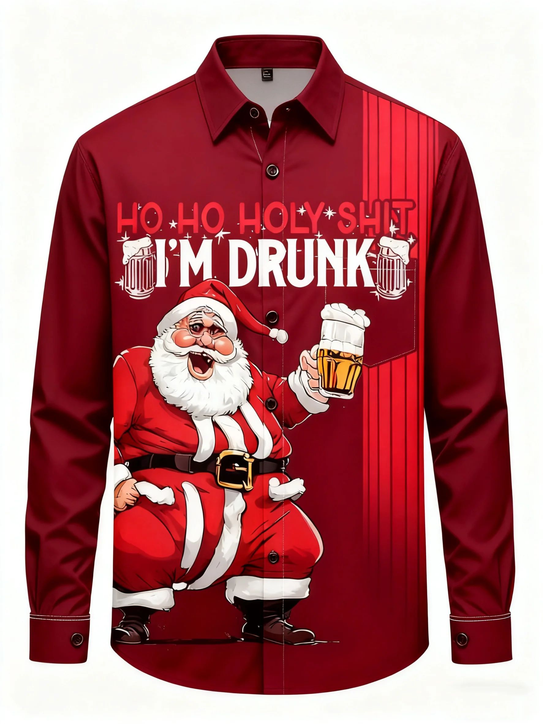 Fun Christmas Men's Long-Sleeve Shirt with Santa Claus Cheers Print, Loose Fit, Buttons for Holiday Casual Celebrations