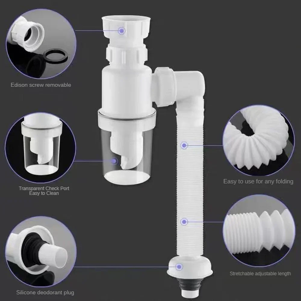 

Durable Kitchen Accessories Plumbing Home Sink Hose Washbasin Pipeline Sink Deodorant Strainer Drain Sewer Pipe White/Black
