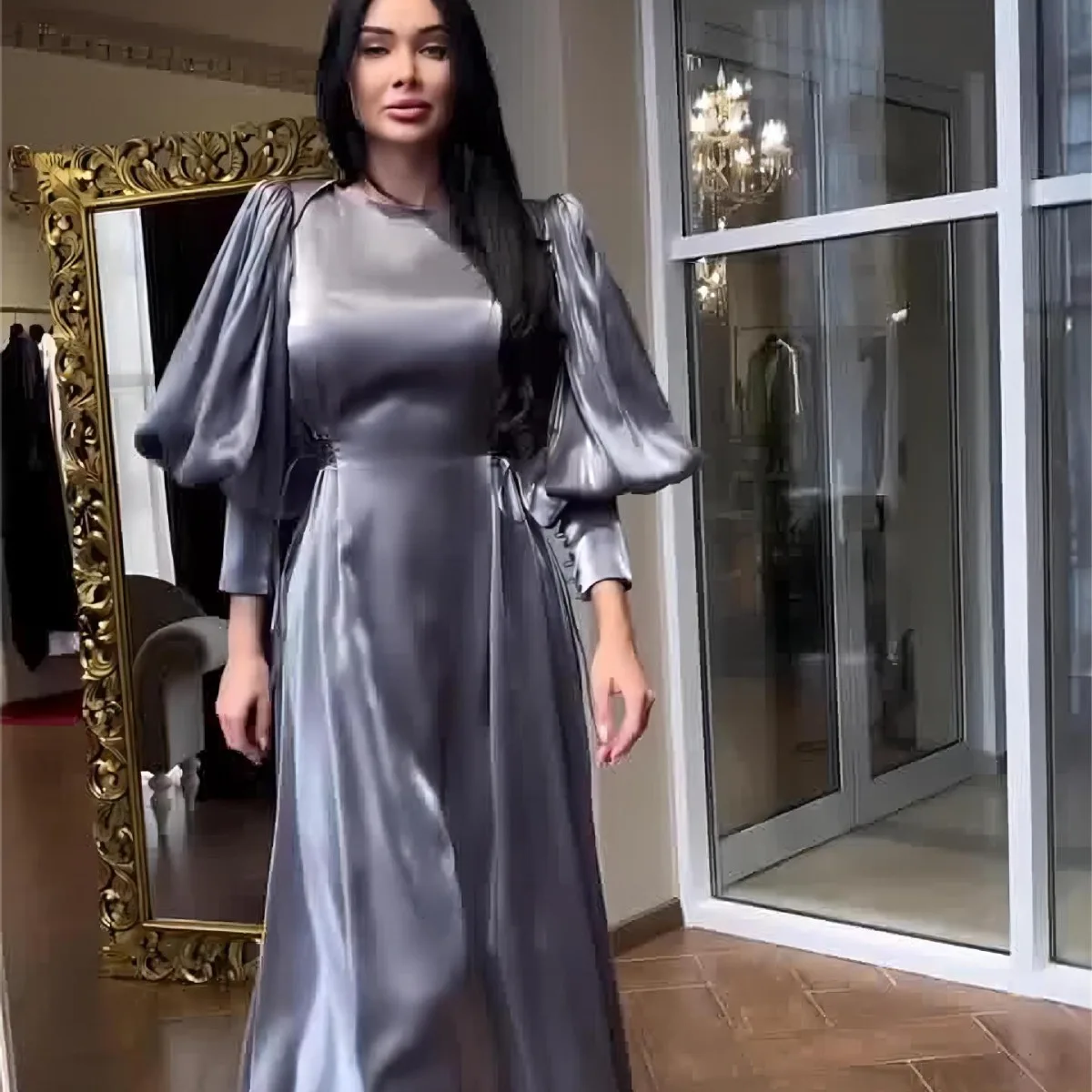 Nowa elegancka satynowa luksusowa koszulka z rękawami na imprezę wieczorowa dla kobiet z długim rękawem szara szata Dubai Abaya Maxi Maxi