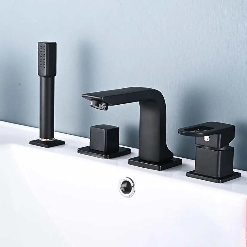 4Pcs/Set Black Brass Bathtub Faucet With Handheld Shower Diverter Pull Out Shower Head Widespread Tub Sink Tap Hot Cold Mixer
