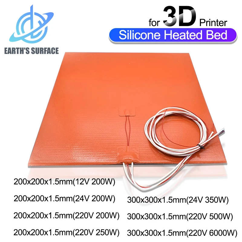 Silicone Heated Bed Heating Pad Waterproof 200MM 300MM 12V 24V 220V for Ender3 CR10 Hot Bed 200/350/500/600W 3D Printer Part