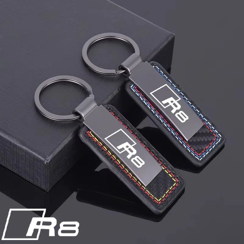 Carbon Fiber Leather Alloy Car Keychain Keyring Styling For Audi R8 Logo Key Chains Rings Buckle Pendant Gift Auto Accessories