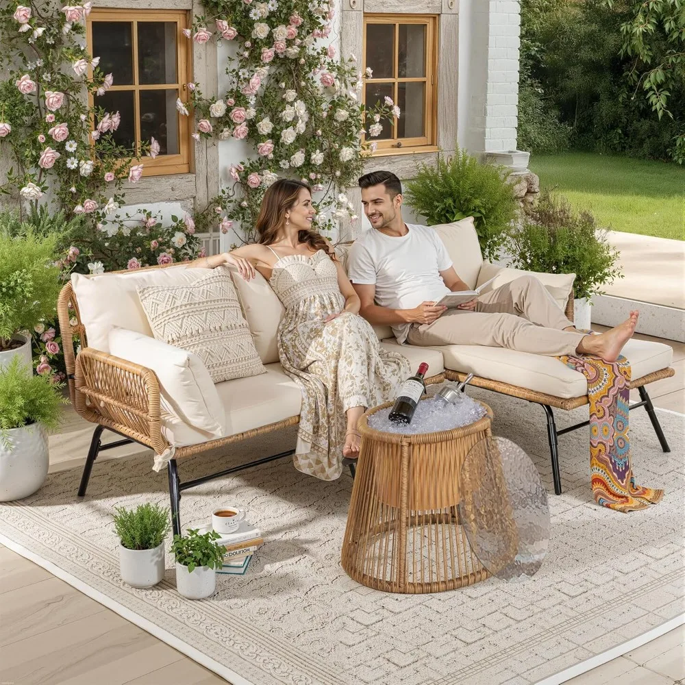 NICESOUL Boho 3-Piece L-Shaped Outdoor Patio Furniture Set with Comfy 2 Thickened Cushion, High Back 500LB Capacity Wicker Loung