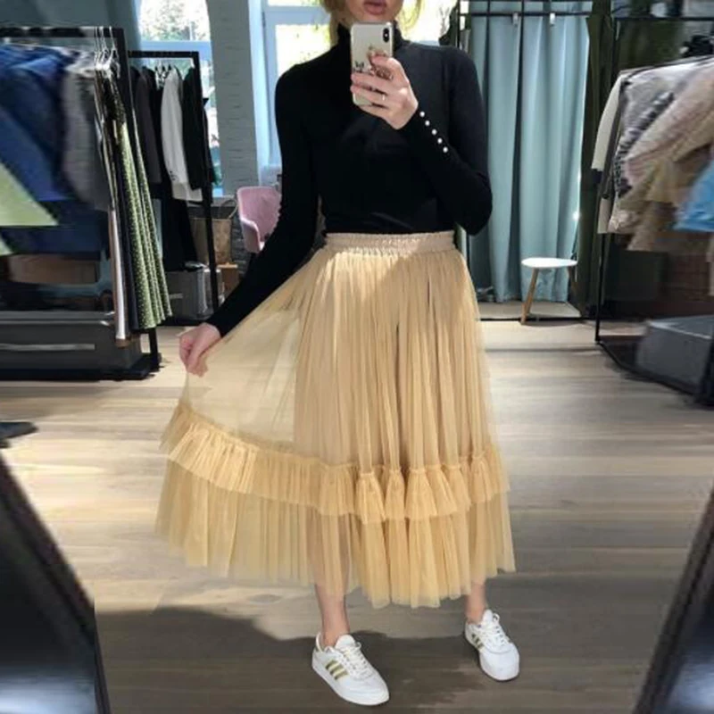 

Champagne A Line Long Tulle Skirts Tiered Ruffles Female Maxi Skirts Birthday Party Wedding Guest Tulle Skirt Women Formal Wear