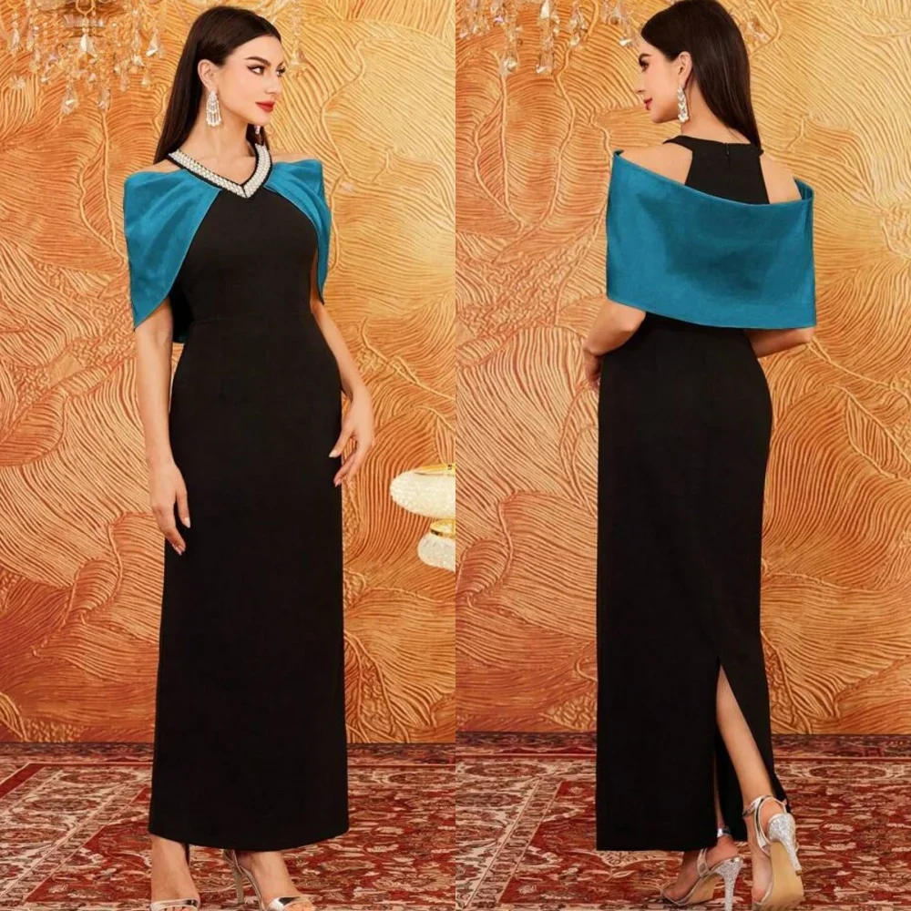 Customized Jersey Rhinestone Cocktail Party A-line Off-the-shoulder Bespoke Occasion Gown Midi Dresses