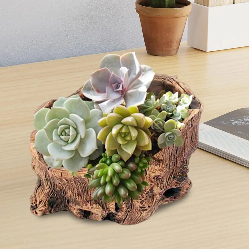 Tree Stump Design Planter Rustic Cement Tree Stump Flowerpot for Succulents Cactus Small Decorative Planter for Windowsill Shelf