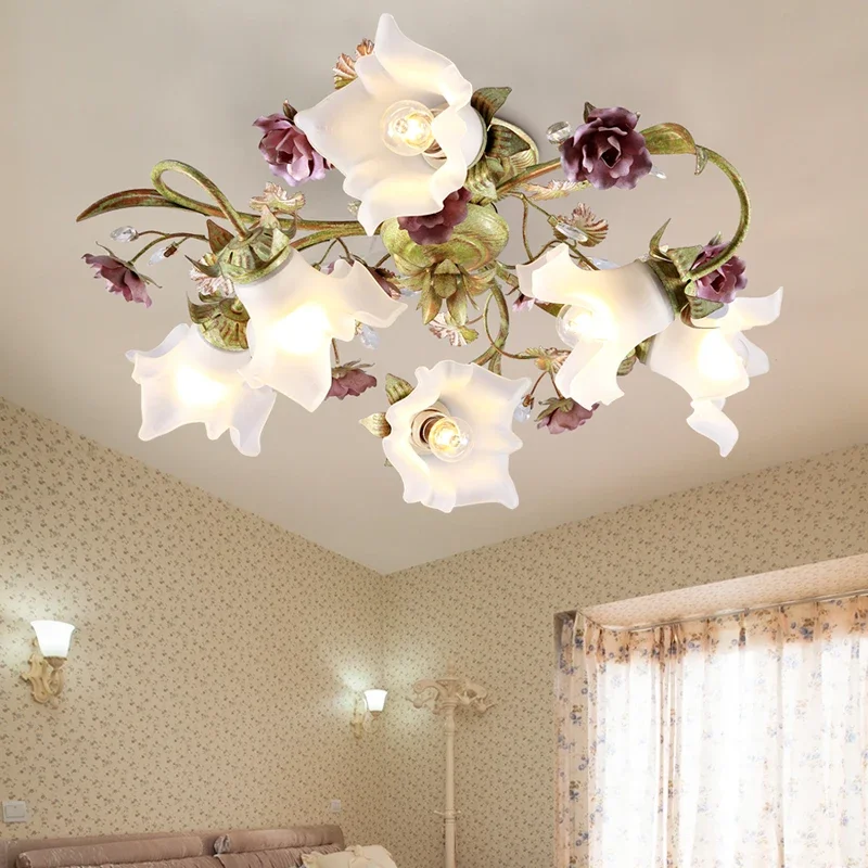 

Floral LED Ceiling Lamp Colorful Deco Ceiling Light D68cm H33cm E14 Decora for Dining Room Living Room Girls Bedroom Glass Shade