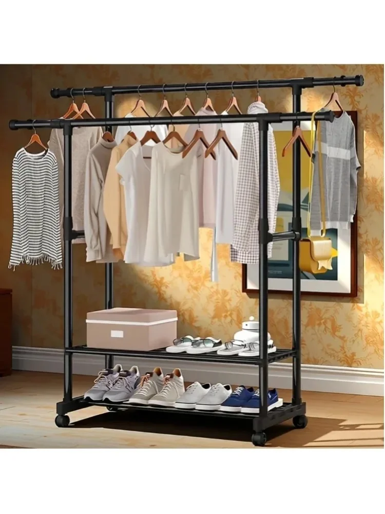 Bodenstehender Kleiderständer mit Rollen, Kleiderbügelständer und Hutablage, Kleiderständer mit Rollen, stabiles Doppelstangen-Design, einfache Montage, leicht einziehbar