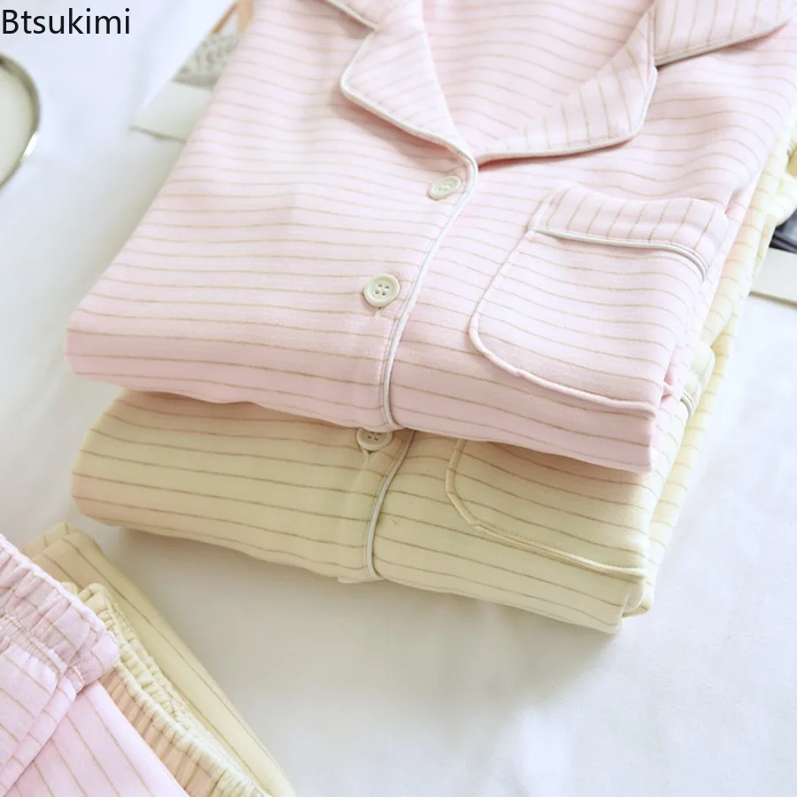 New 2025 Autumn and Winter Women's Pajama Set Long Sleeve Long Pants Two Piece Set Striped Velvet Warm Thick Home Clothes Ladies