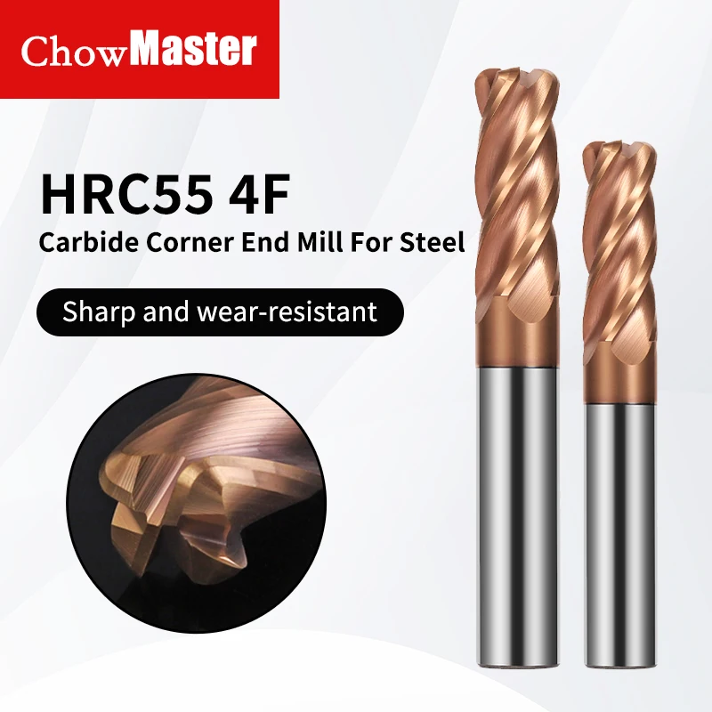 HRC55 Corner Radius Carbide Milling Cutter Tungsten Steel Cutter 4 Flute Coated R Angle Cutter Extended Alloy End Mill