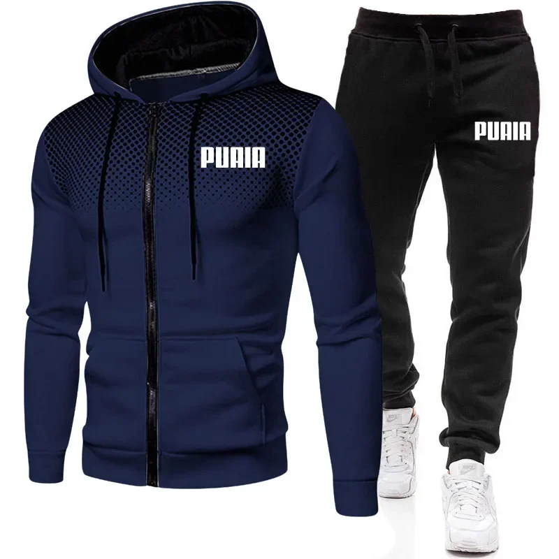 2024 baru pakaian pria musim dingin Set Hoodie Motif Set Sweatshirt ritsleting bulu kasual olahraga celana training pria