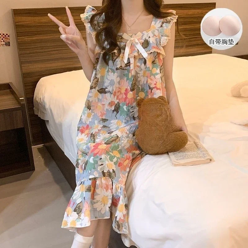New Teen Girls Sleep Dresses Summer Women Student Sleepwear Chest Pads Loose Home Clothes Ladies Pajamas Women Casual Loungewear